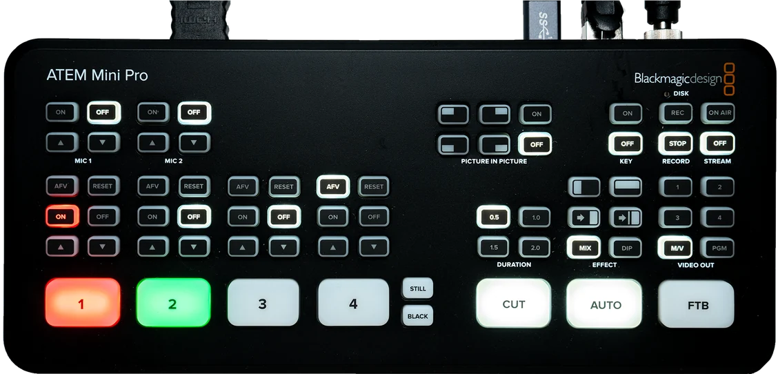 Blackmagic ATEM Mini Pro — input 1 live on program (red), input 2 cued on preview (green)
